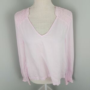 Bella Dahl Light Pink Smoked Shoulder And Cuff V Neck Hi Low Hem Top Size Medium